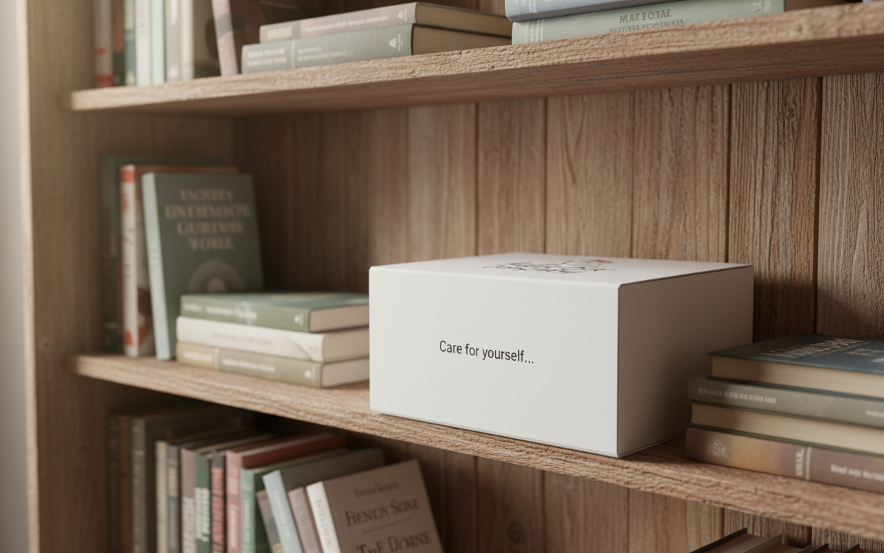 Quiet Time Box tilted on bookshelf
